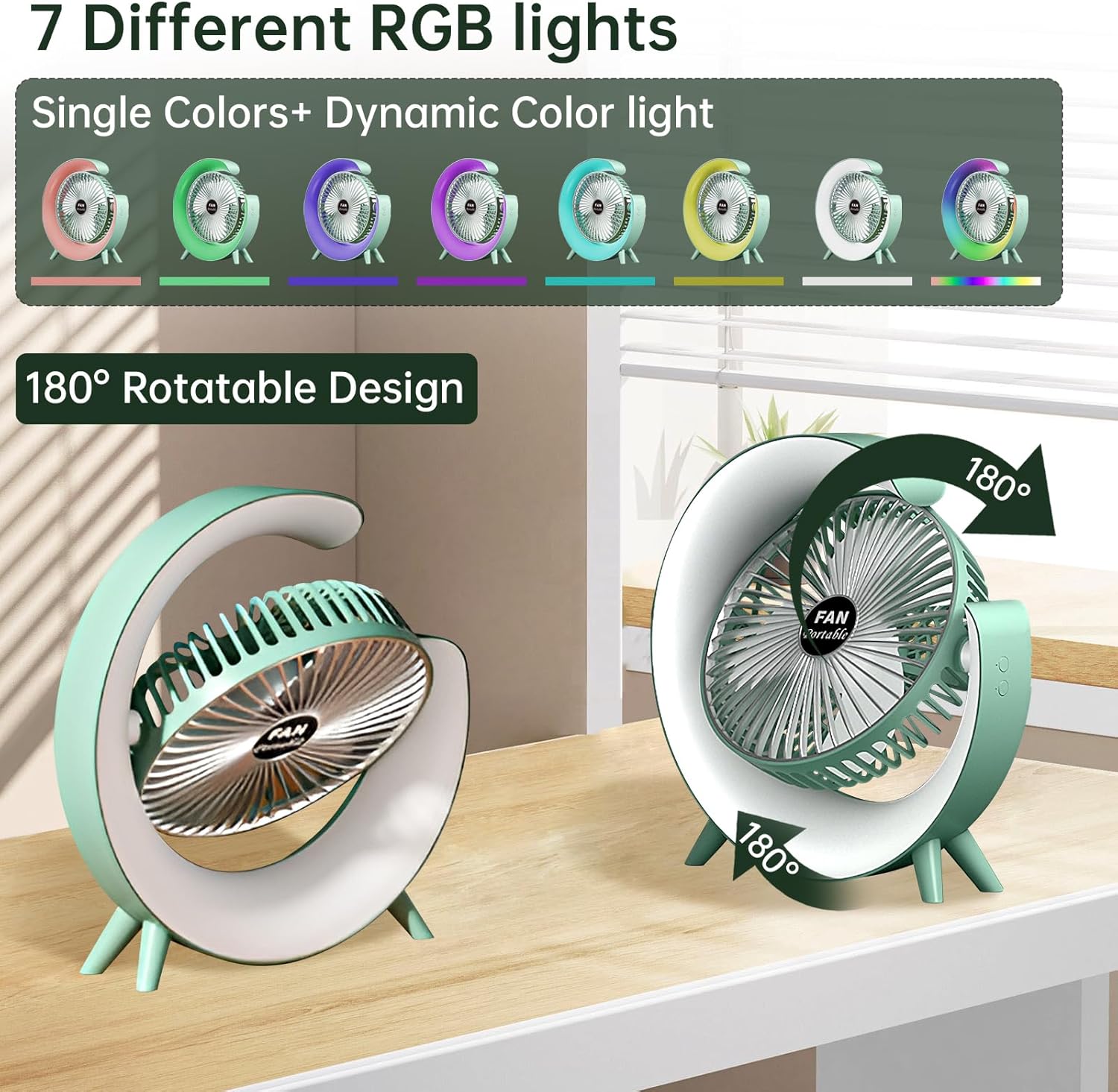 Colorful USB Rechargeable Desktop Fan | Silent Cooling, LED Ambient Light, 3-Speed Rotation - Image 4