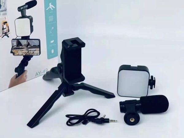 AY-49 Video Making Kit | All-in-One Vlogging Tripod with Wireless Remote, Microphone, LED Light & Mobile Holder - Image 2